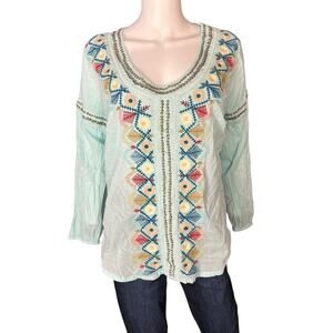 Sundance Light Blue Embroidered Beaded Boho Cotton Tunic Top M